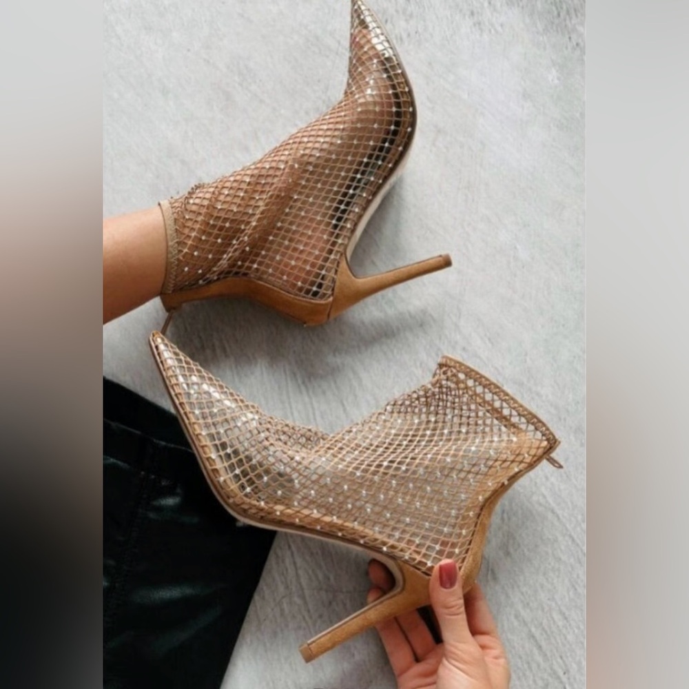 Charles David Rhinestone-Studded Mesh Booties